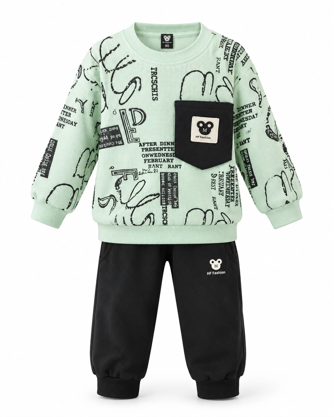 Kids 3-Piece Printed Tracksuit Set – Mint Green Sweatshirt & Black Trouser