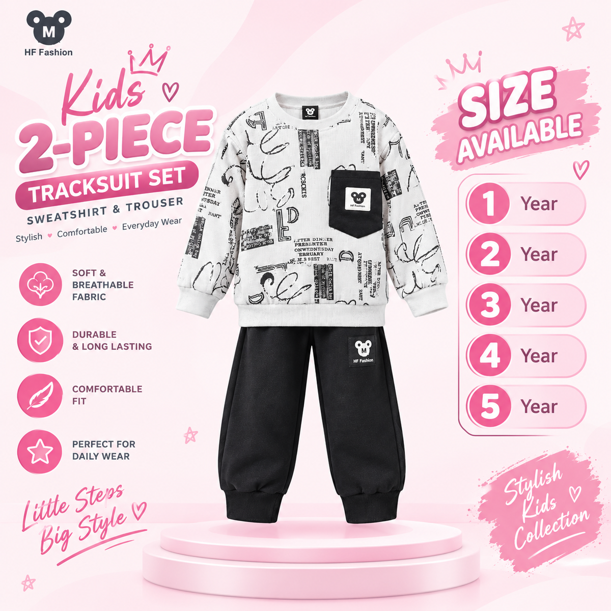 Kids 3-Piece Printed Tracksuit Set – Mint Green Sweatshirt & Black Trouser