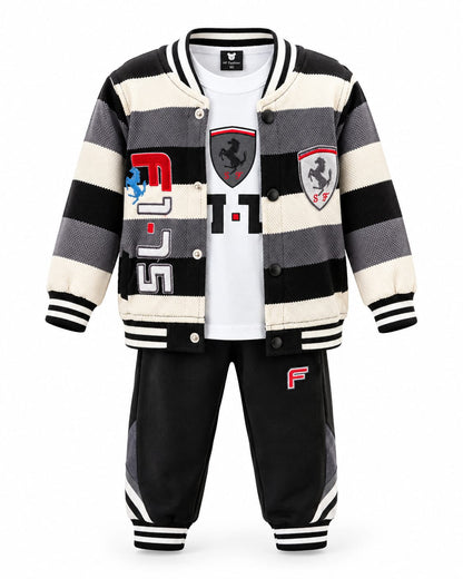 Kids 3-Piece Varsity Tracksuit Set – Stylish Jacket, T-Shirt & Jogger