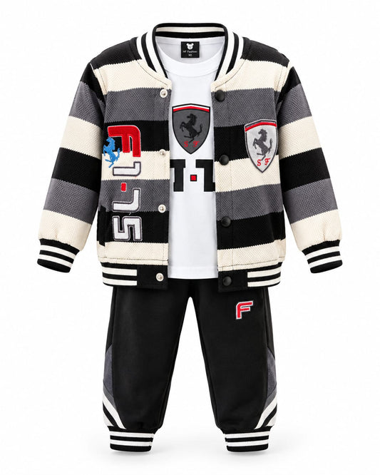 Kids 3-Piece Varsity Tracksuit Set – Stylish Jacket, T-Shirt & Jogger