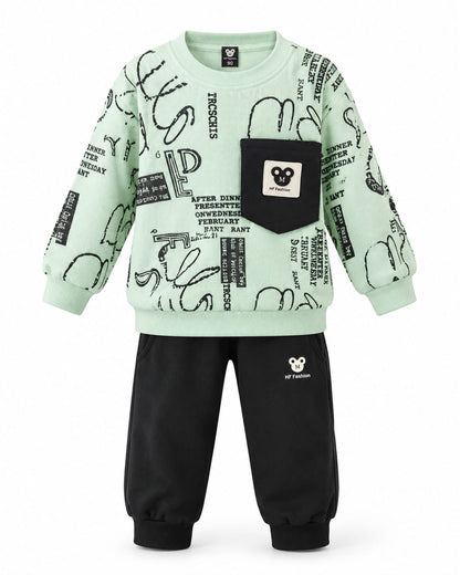 Kids 3-Piece Printed Tracksuit Set – Mint Green Sweatshirt & Black Trouser