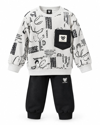Kids 3-Piece Printed Tracksuit Set – Mint Green Sweatshirt & Black Trouser