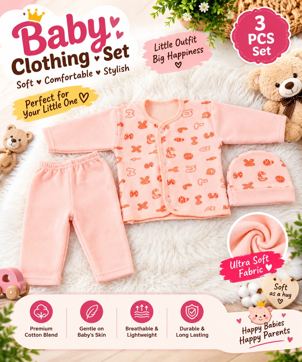 Baby 3-Piece Clothing Set – Ultra Soft & Comfortable Newborn Baby Outfit