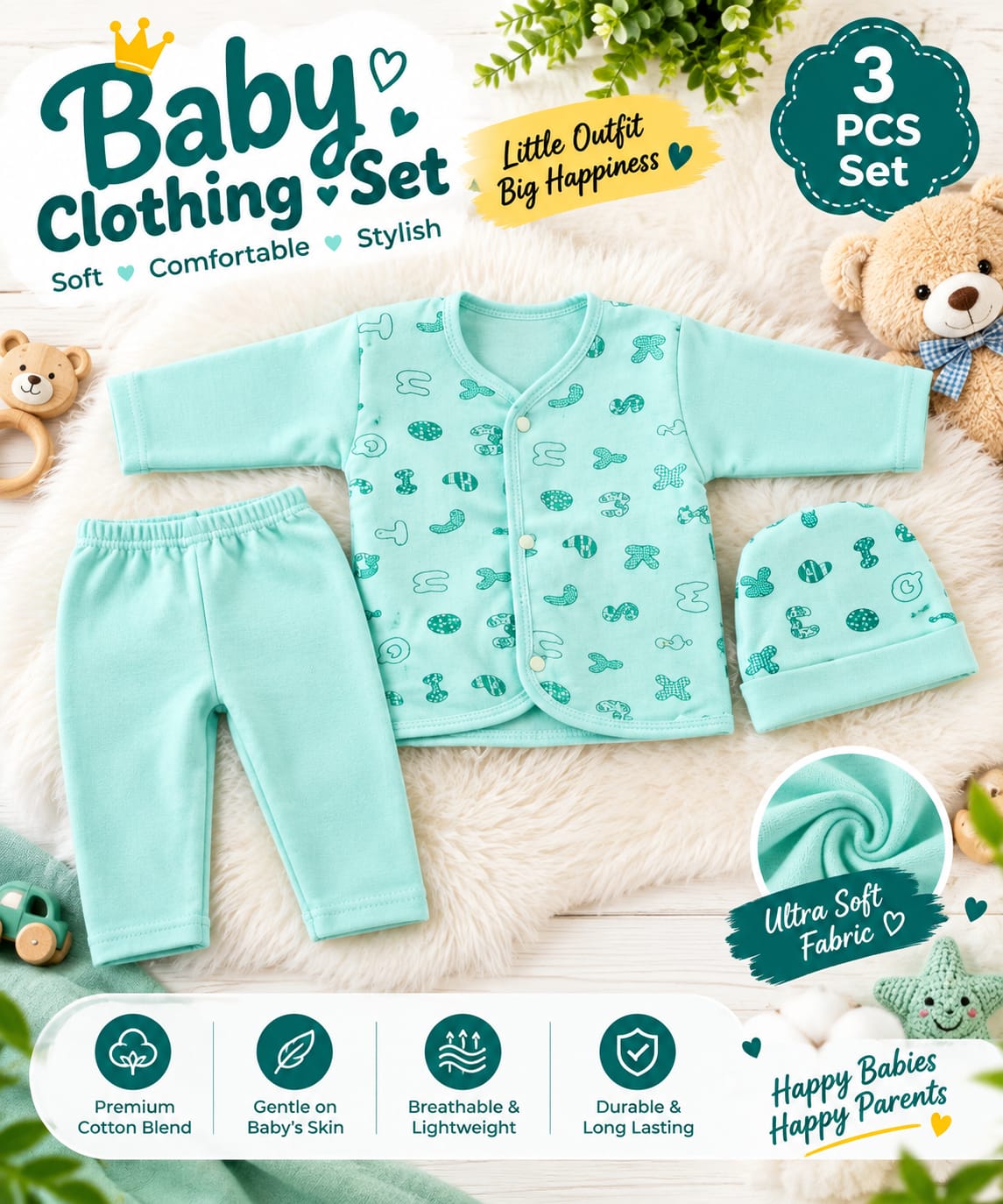 Baby 3-Piece Clothing Set – Ultra Soft & Comfortable Newborn Baby Outfit